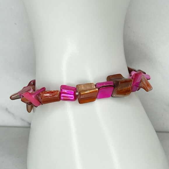 Pink and Orange Seashell Shell Beaded Stretch Bracelet - Picture 9 of 9
